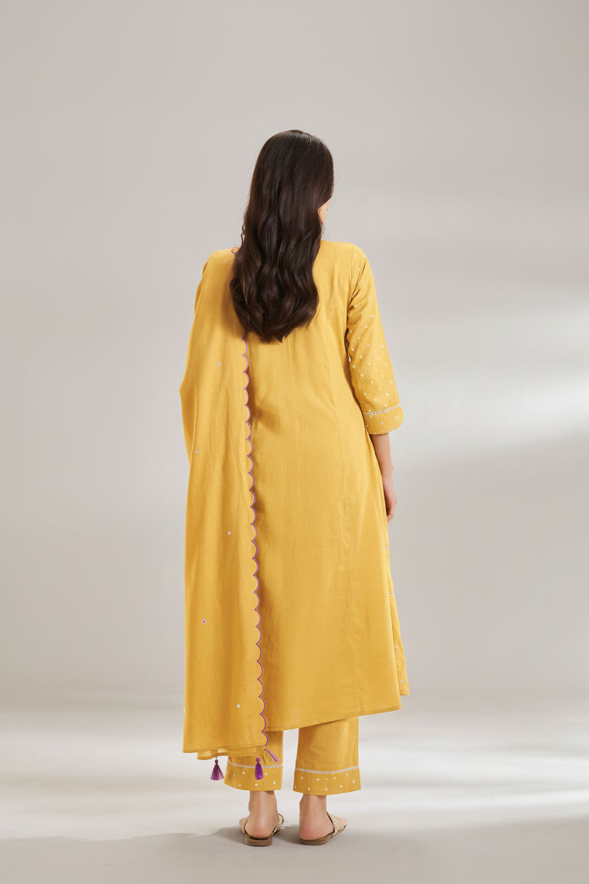 Golden Mimosa Table Print Embroidered Kurta Set