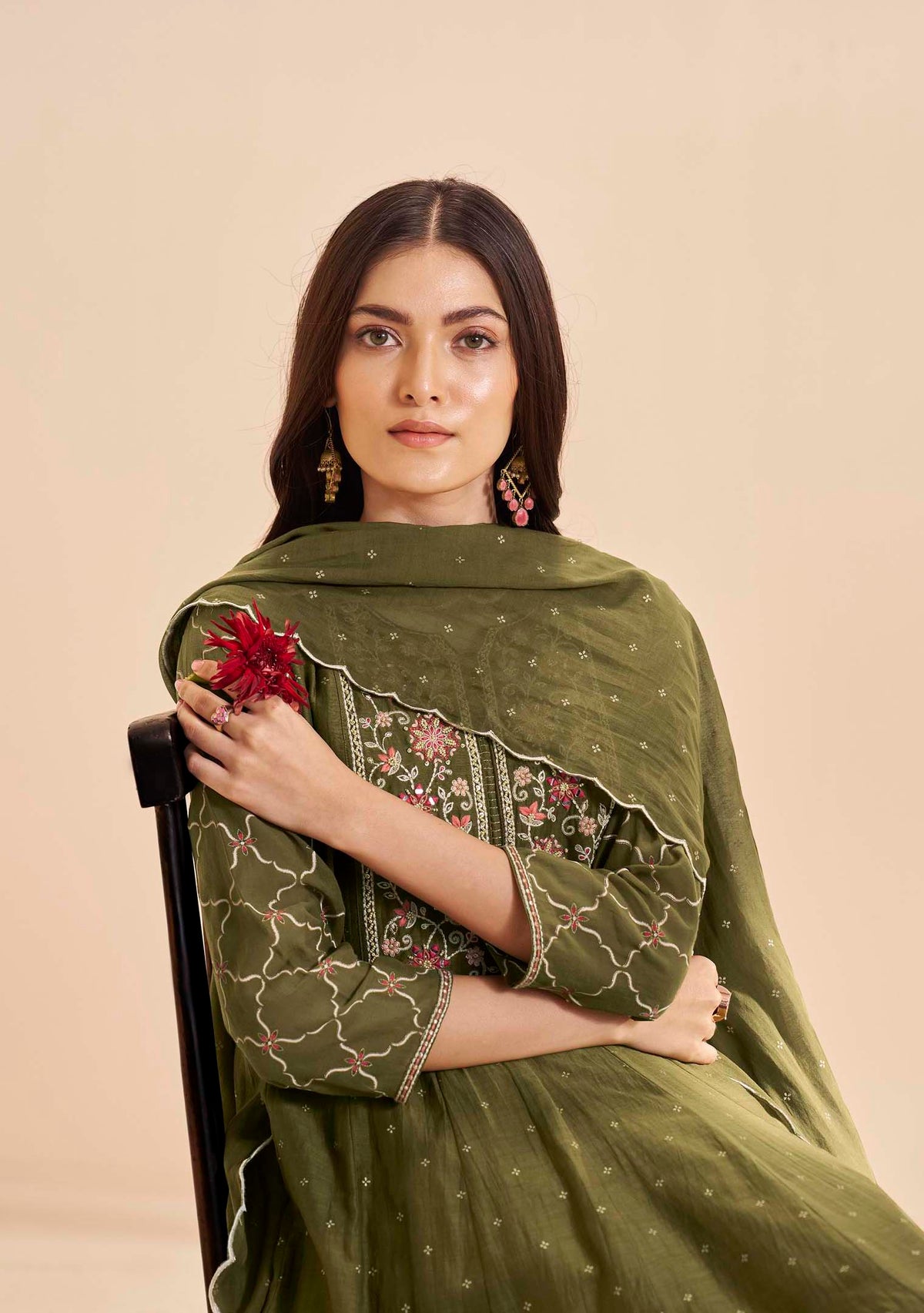 Moss Pure Chanderi Table-Print Anarkali Set