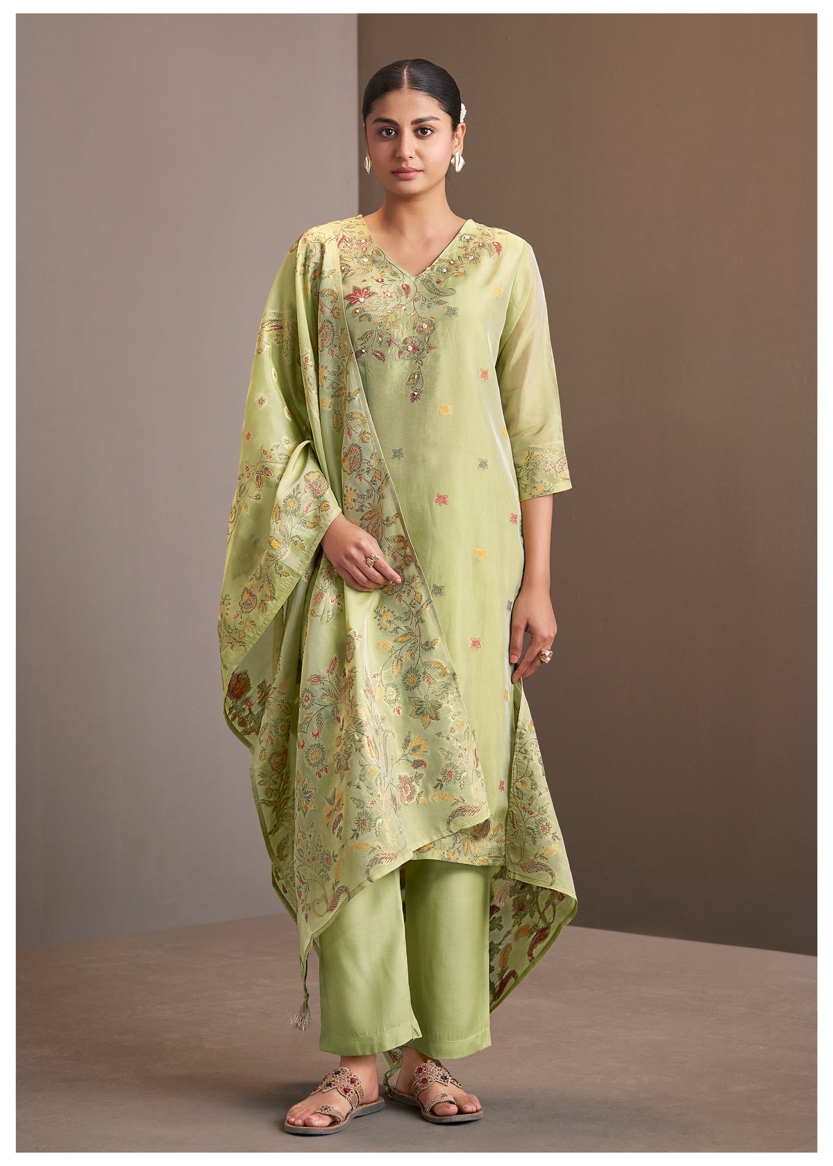 Chanderi Multi Meena Jacquard Kurti Set With Handwork | Viscose Bottom & Dupatta