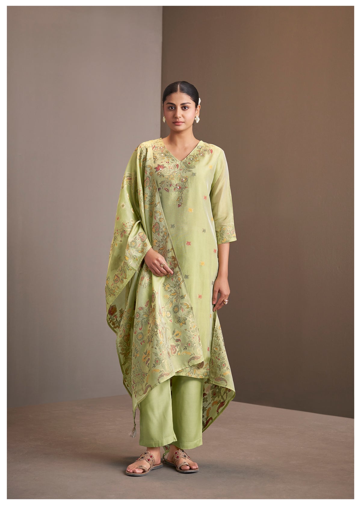 Chanderi Multi Meena Jacquard Kurti Set With Handwork | Viscose Bottom & Dupatta
