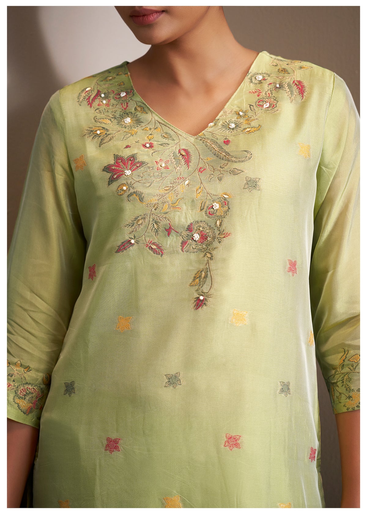 Chanderi Multi Meena Jacquard Kurti Set With Handwork | Viscose Bottom & Dupatta