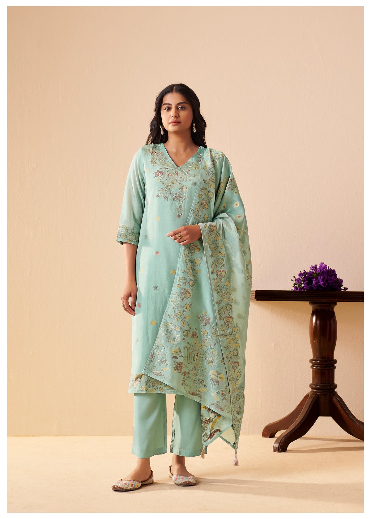Chanderi Multi Meena Jacquard Kurti Set With Handwork | Viscose Bottom & Dupatta