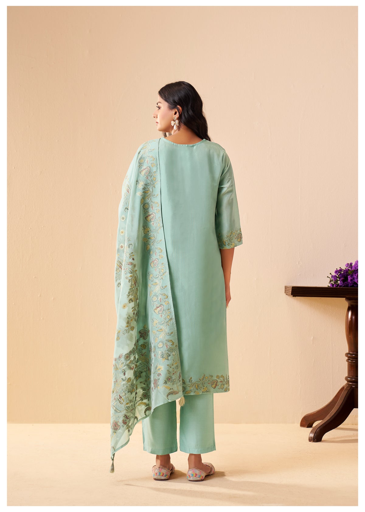 Chanderi Multi Meena Jacquard Kurti Set With Handwork | Viscose Bottom & Dupatta