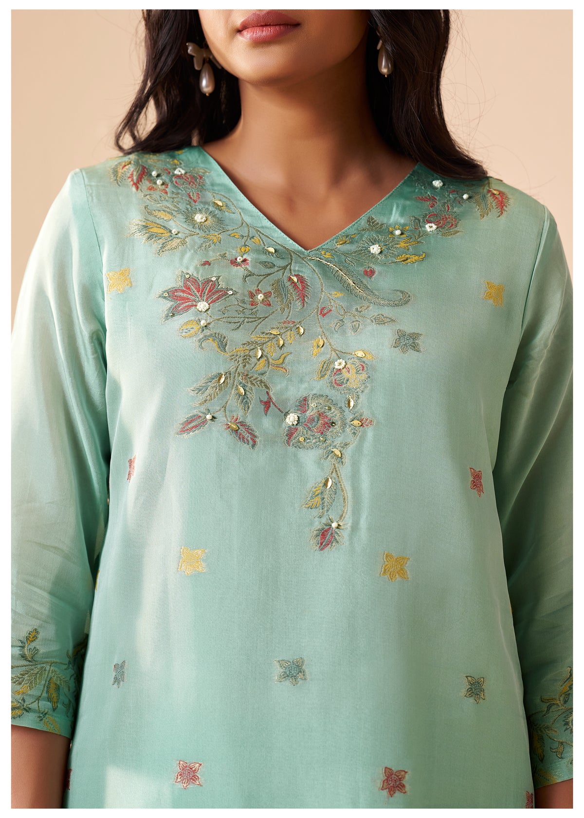Chanderi Multi Meena Jacquard Kurti Set With Handwork | Viscose Bottom & Dupatta