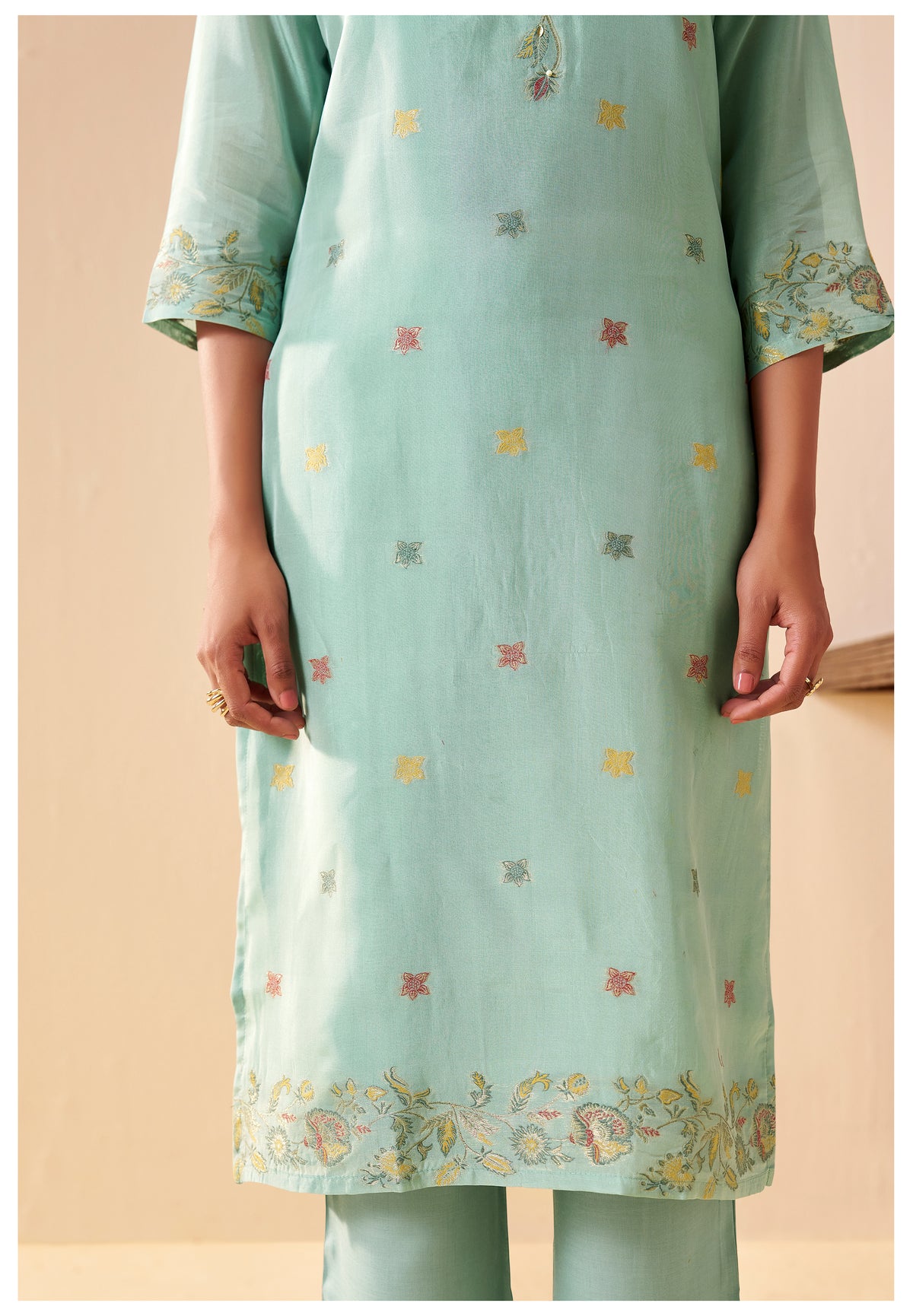 Chanderi Multi Meena Jacquard Kurti Set With Handwork | Viscose Bottom & Dupatta