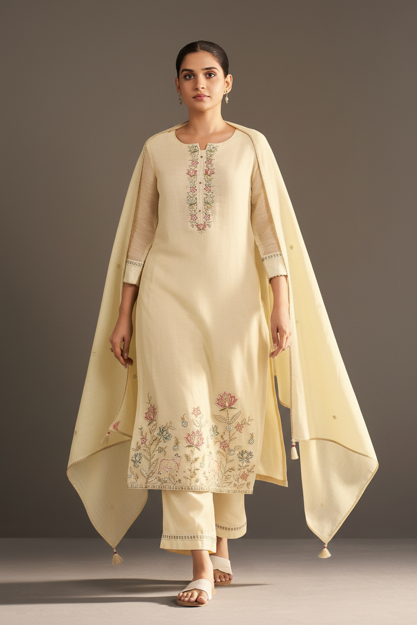 Pearl Sand Shimmer Linen Embroidered Kurta Set