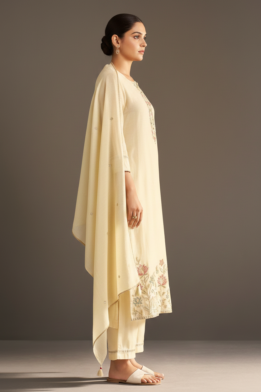 Pearl Sand Shimmer Linen Embroidered Kurta Set