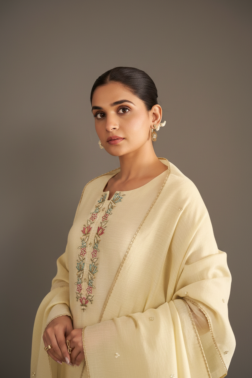 Pearl Sand Shimmer Linen Embroidered Kurta Set