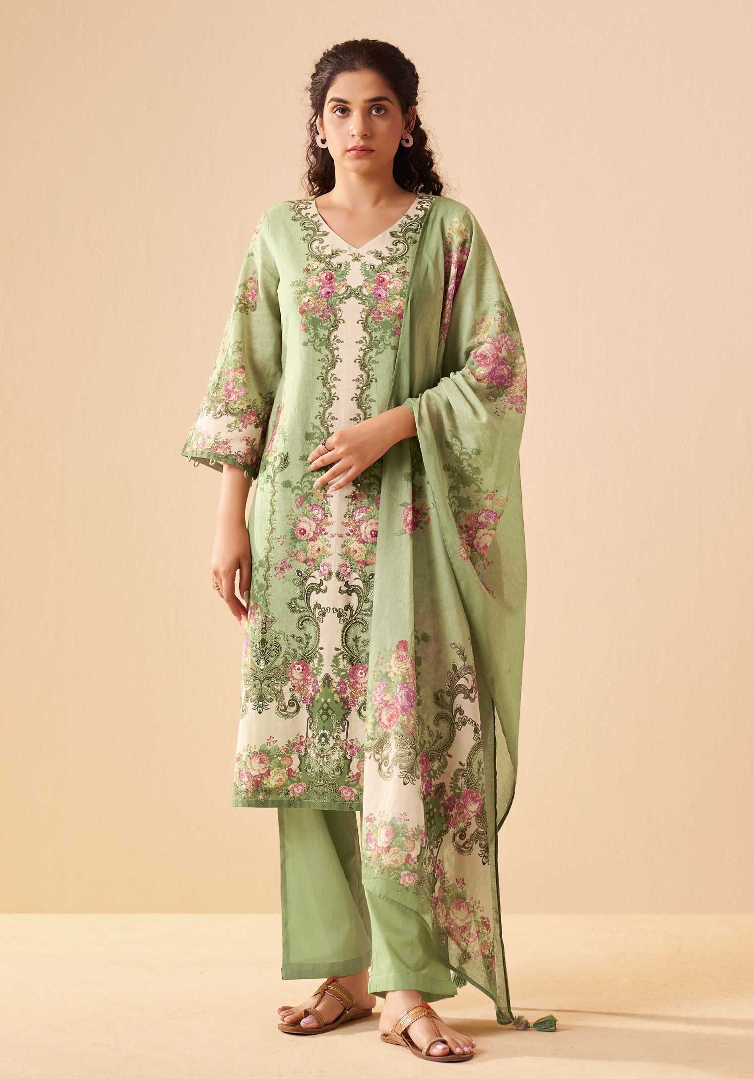 Green Cotton Linen Digital Print Straight Kurta Set with Cotton Mul Dupatta