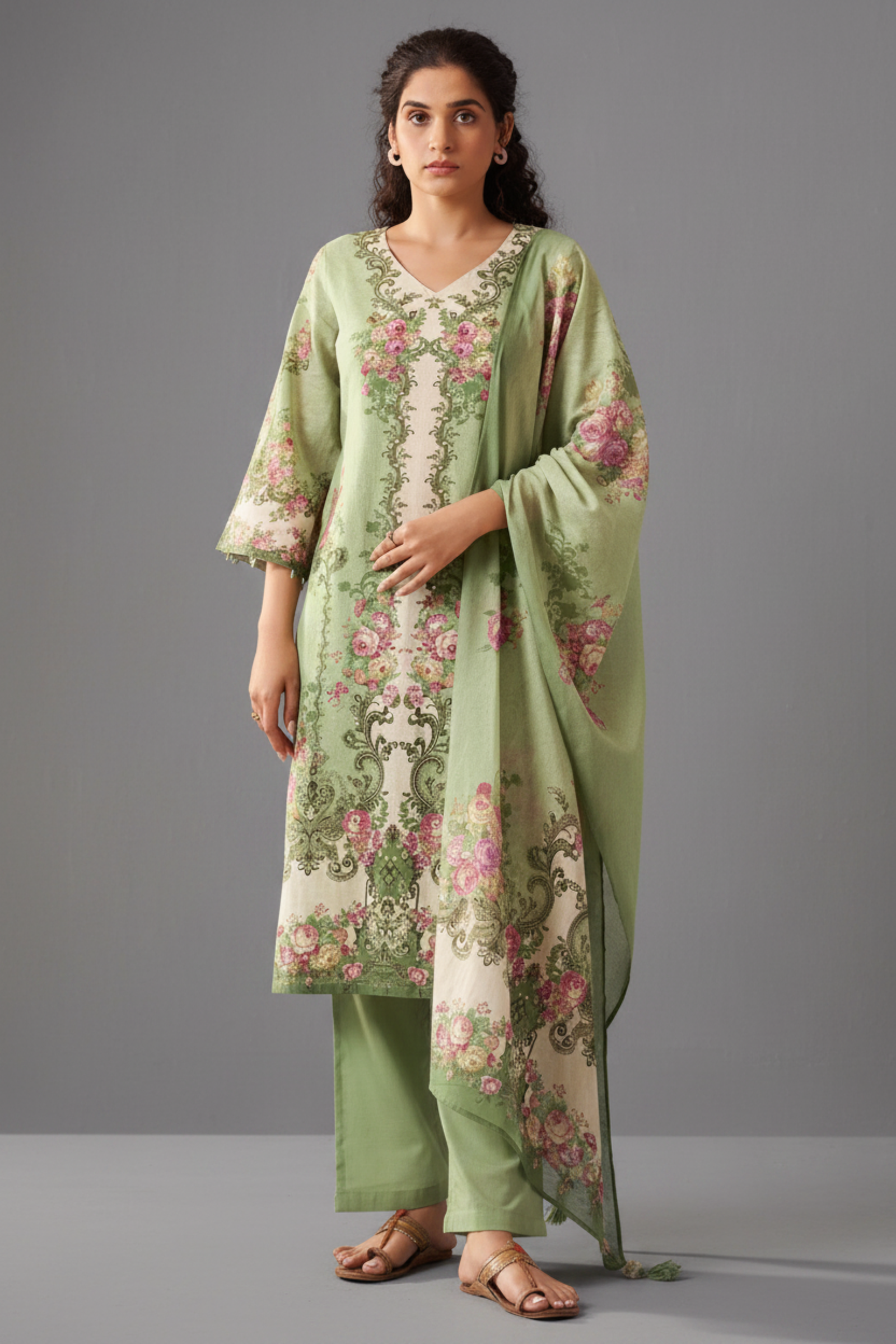 Green Cotton Linen Digital Print Straight Kurta Set with Cotton Mul Dupatta