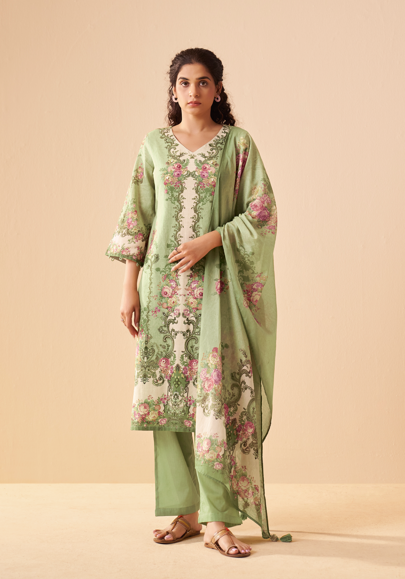 Green Cotton Linen Digital Print Straight Kurta Set with Cotton Mul Dupatta
