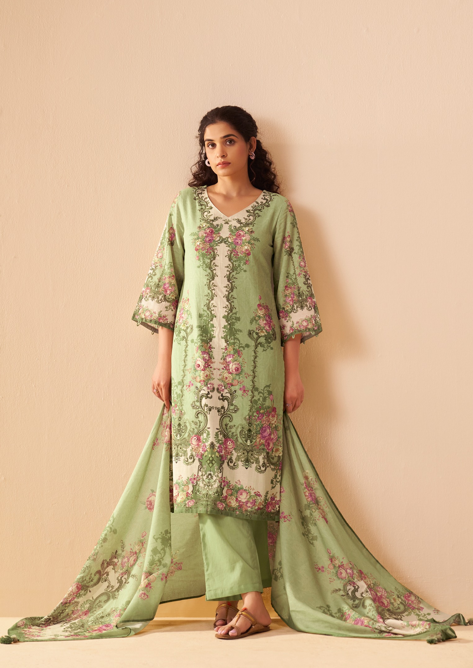Green Cotton Linen Digital Print Straight Kurta Set with Cotton Mul Dupatta