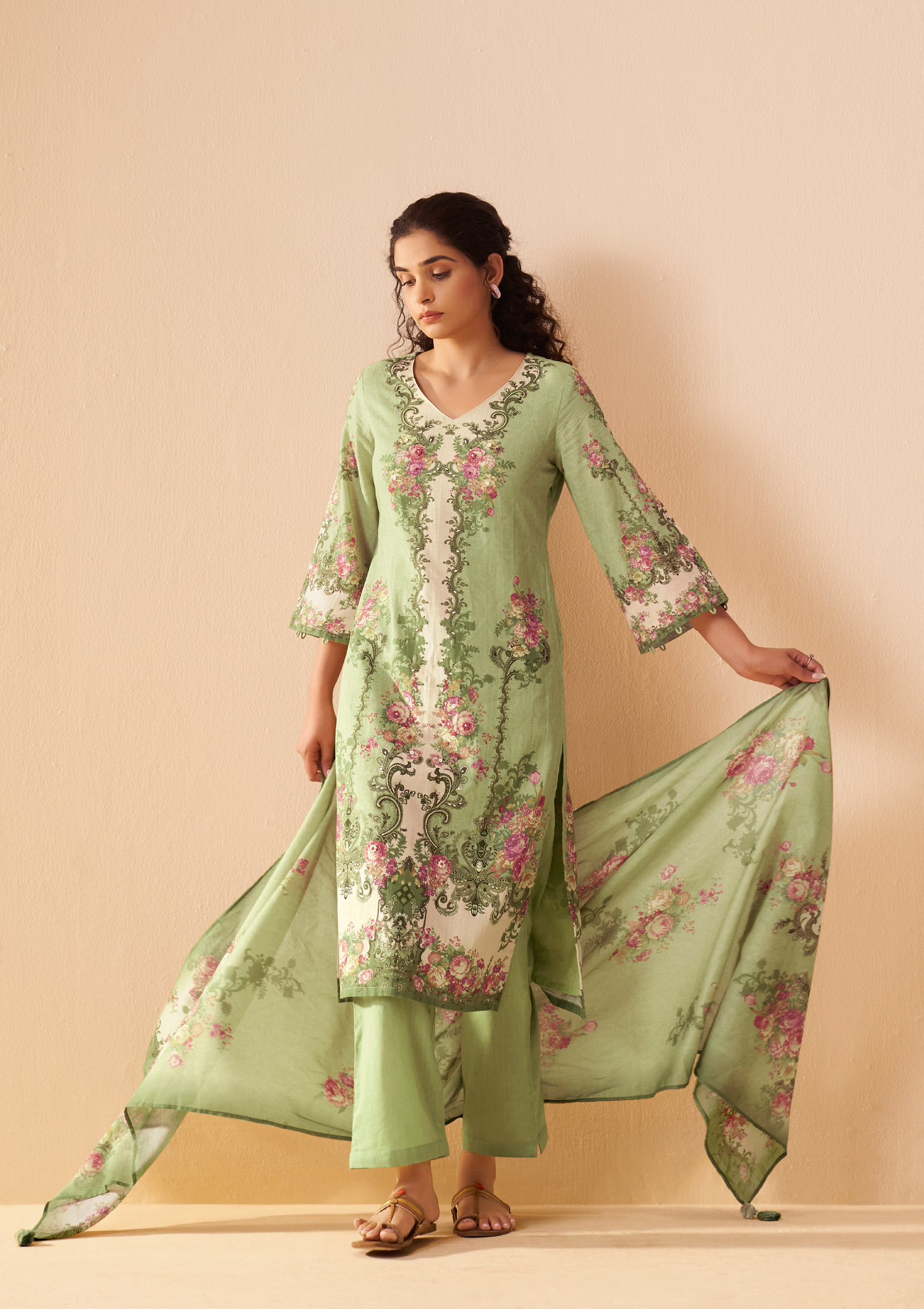 Green Cotton Linen Digital Print Straight Kurta Set with Cotton Mul Dupatta