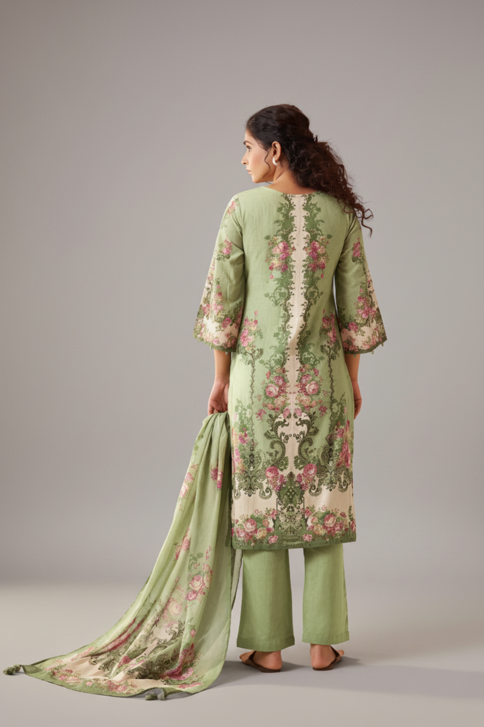 Green Cotton Linen Digital Print Straight Kurta Set with Cotton Mul Dupatta