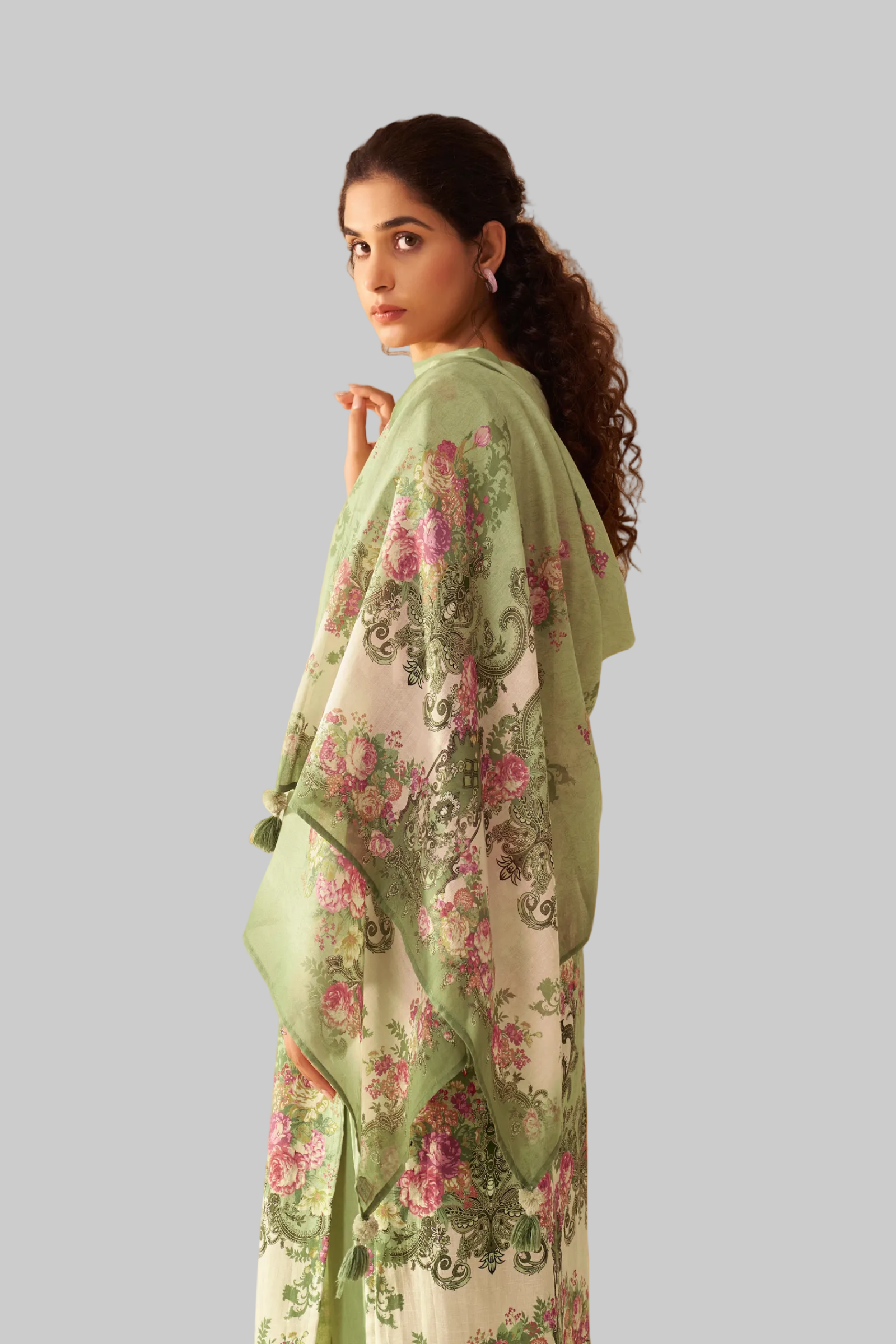 Green Cotton Linen Digital Print Straight Kurta Set with Cotton Mul Dupatta