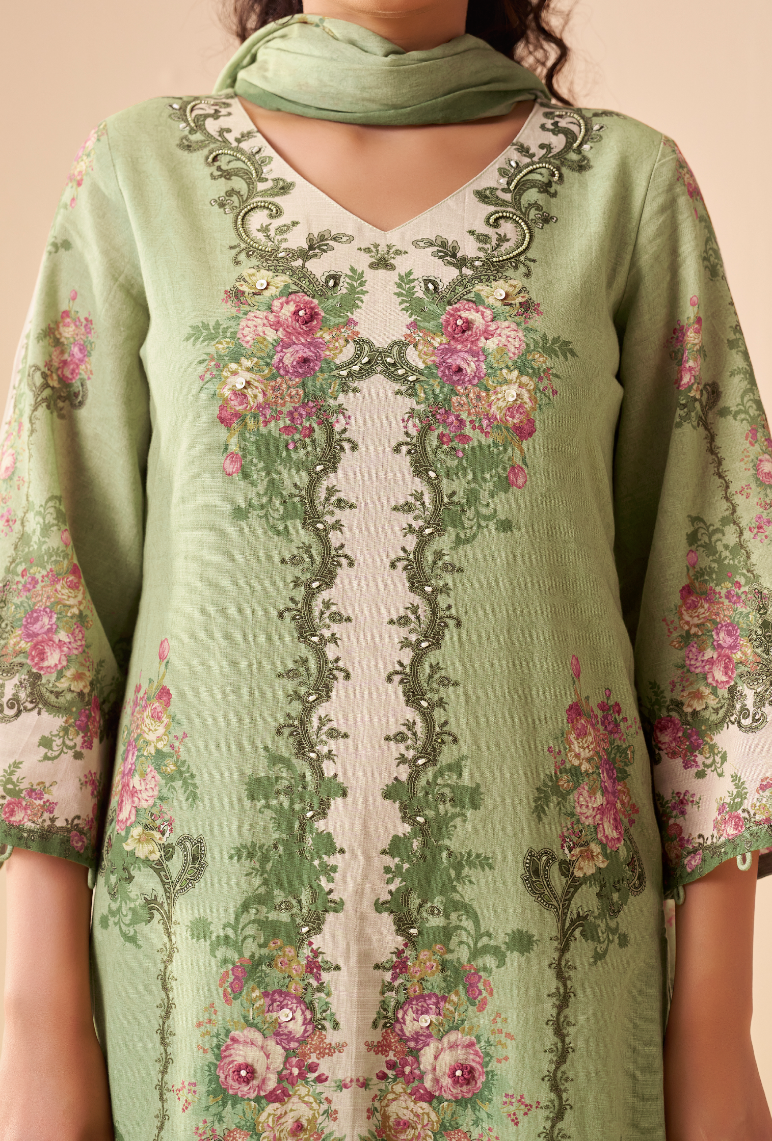 Green Cotton Linen Digital Print Straight Kurta Set with Cotton Mul Dupatta