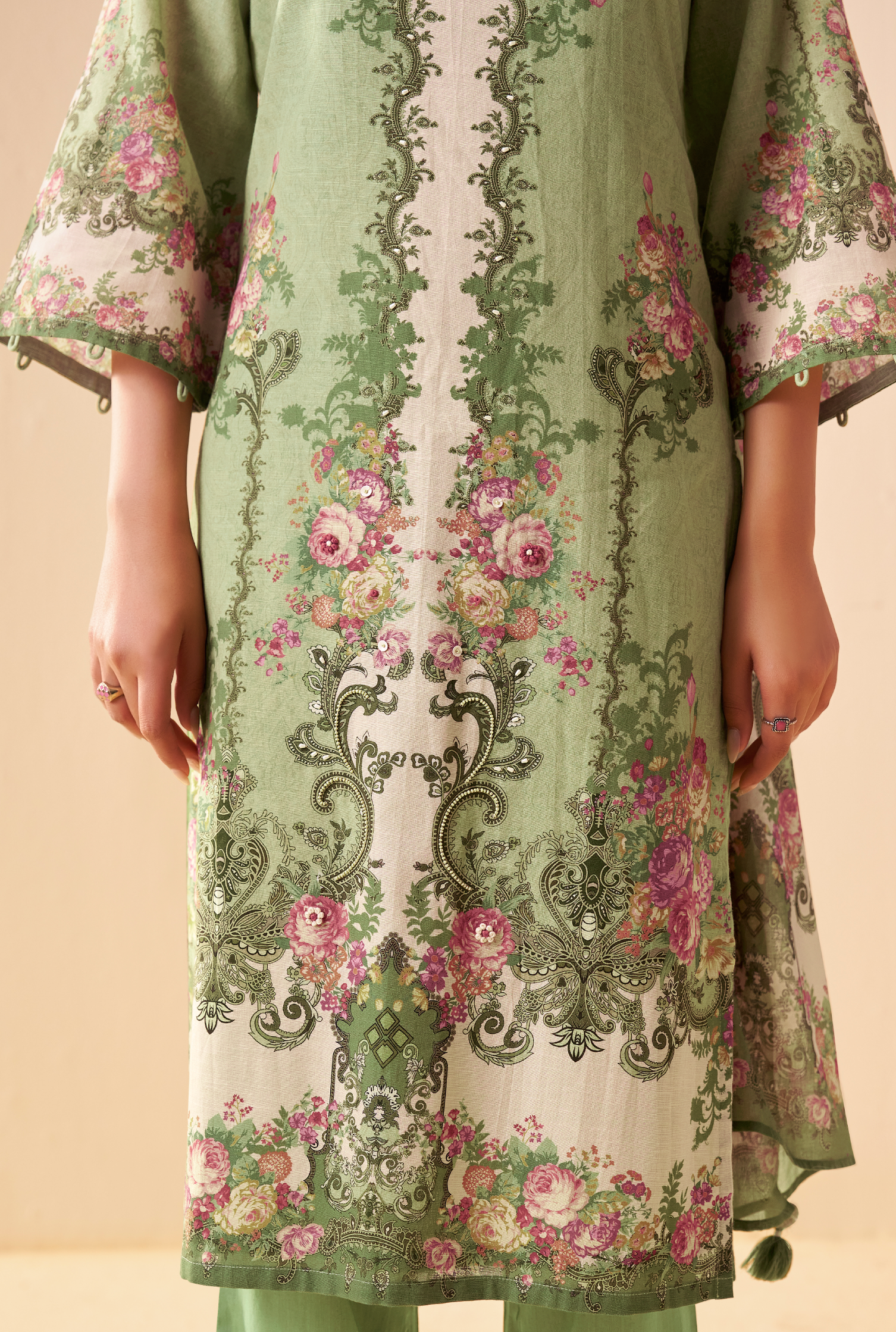 Green Cotton Linen Digital Print Straight Kurta Set with Cotton Mul Dupatta