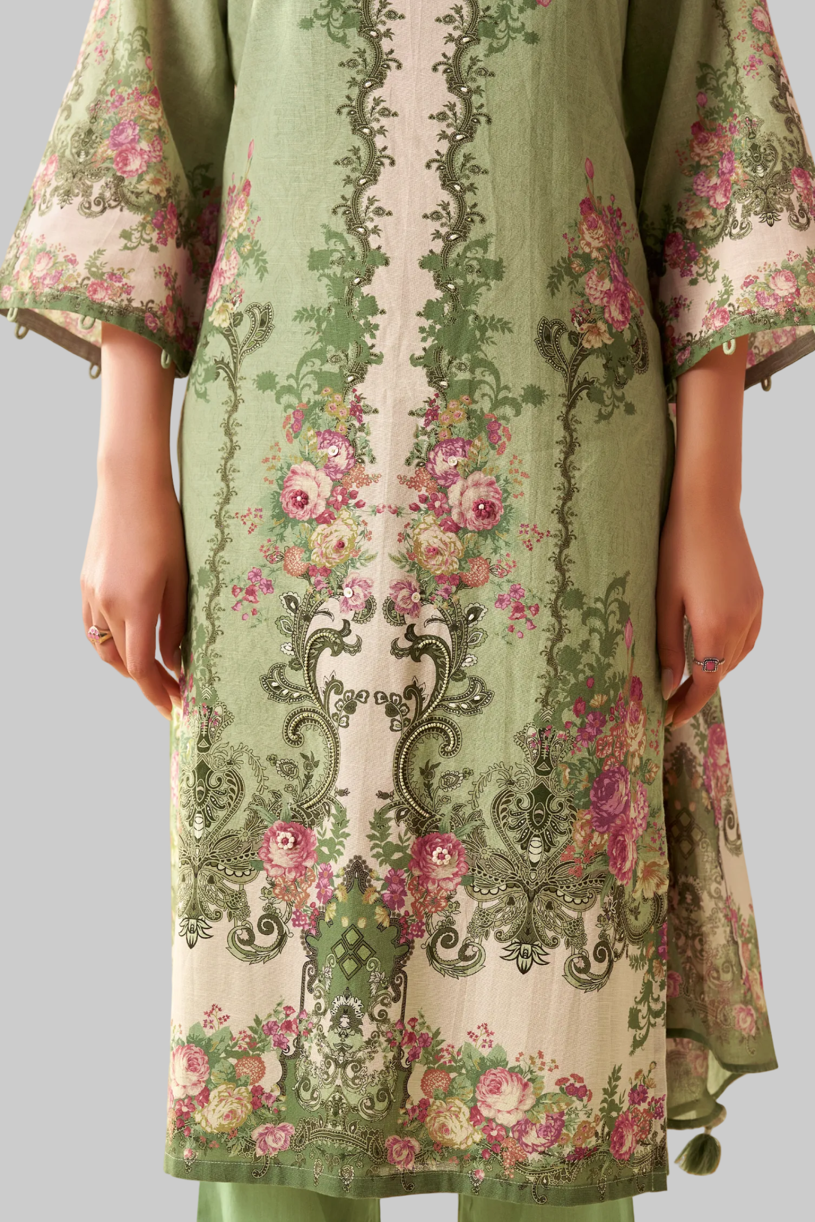 Green Cotton Linen Digital Print Straight Kurta Set with Cotton Mul Dupatta