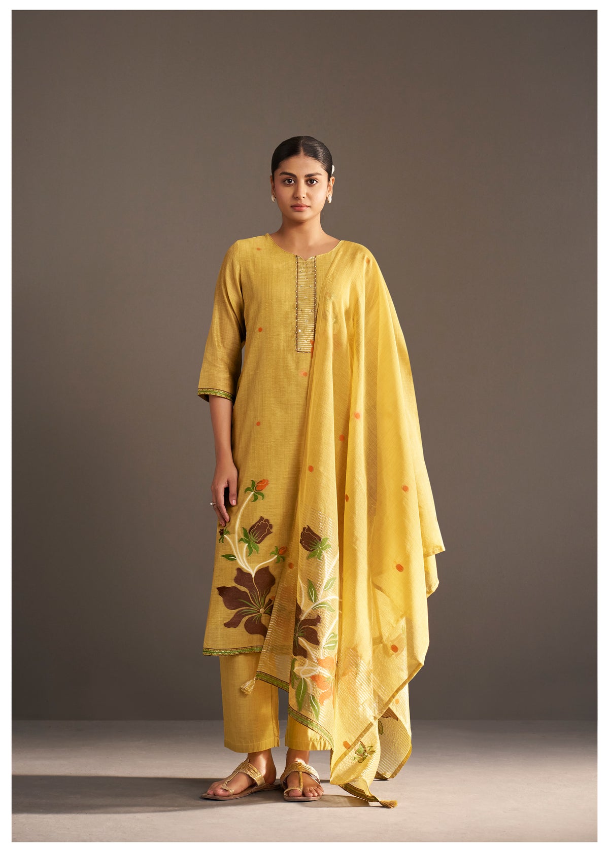 Chanderi Jacquard Kurti Set With Handwork | Cotton Bottom & Chanderi Jacquard Dupatta