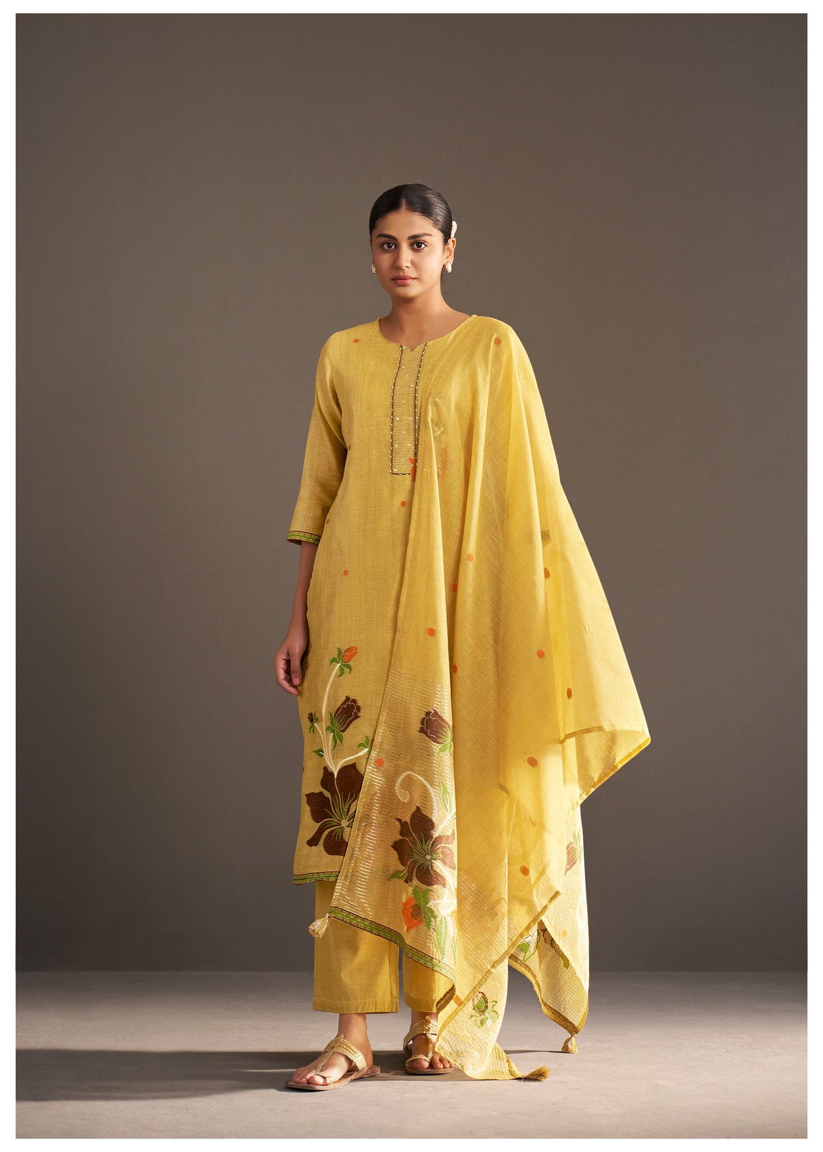Chanderi Jacquard Kurti Set With Handwork | Cotton Bottom & Chanderi Jacquard Dupatta