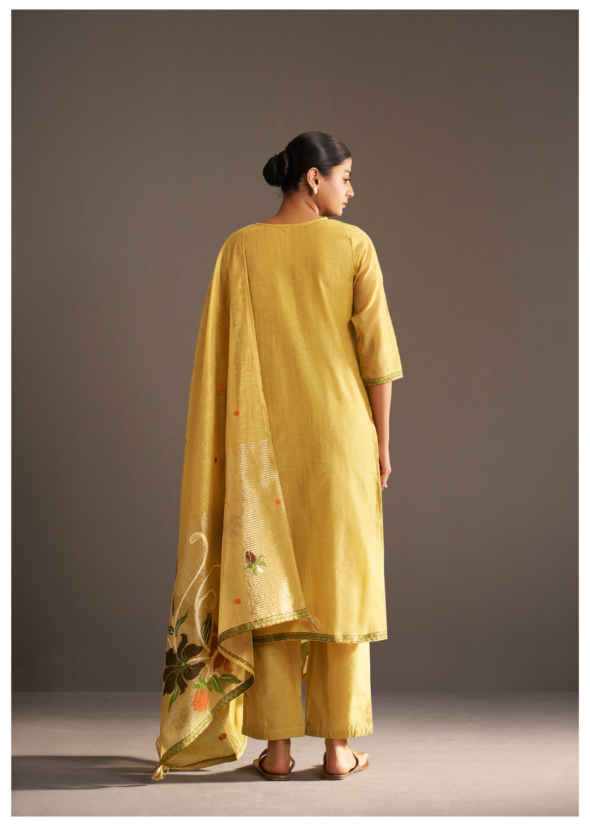 Chanderi Jacquard Kurti Set With Handwork | Cotton Bottom & Chanderi Jacquard Dupatta