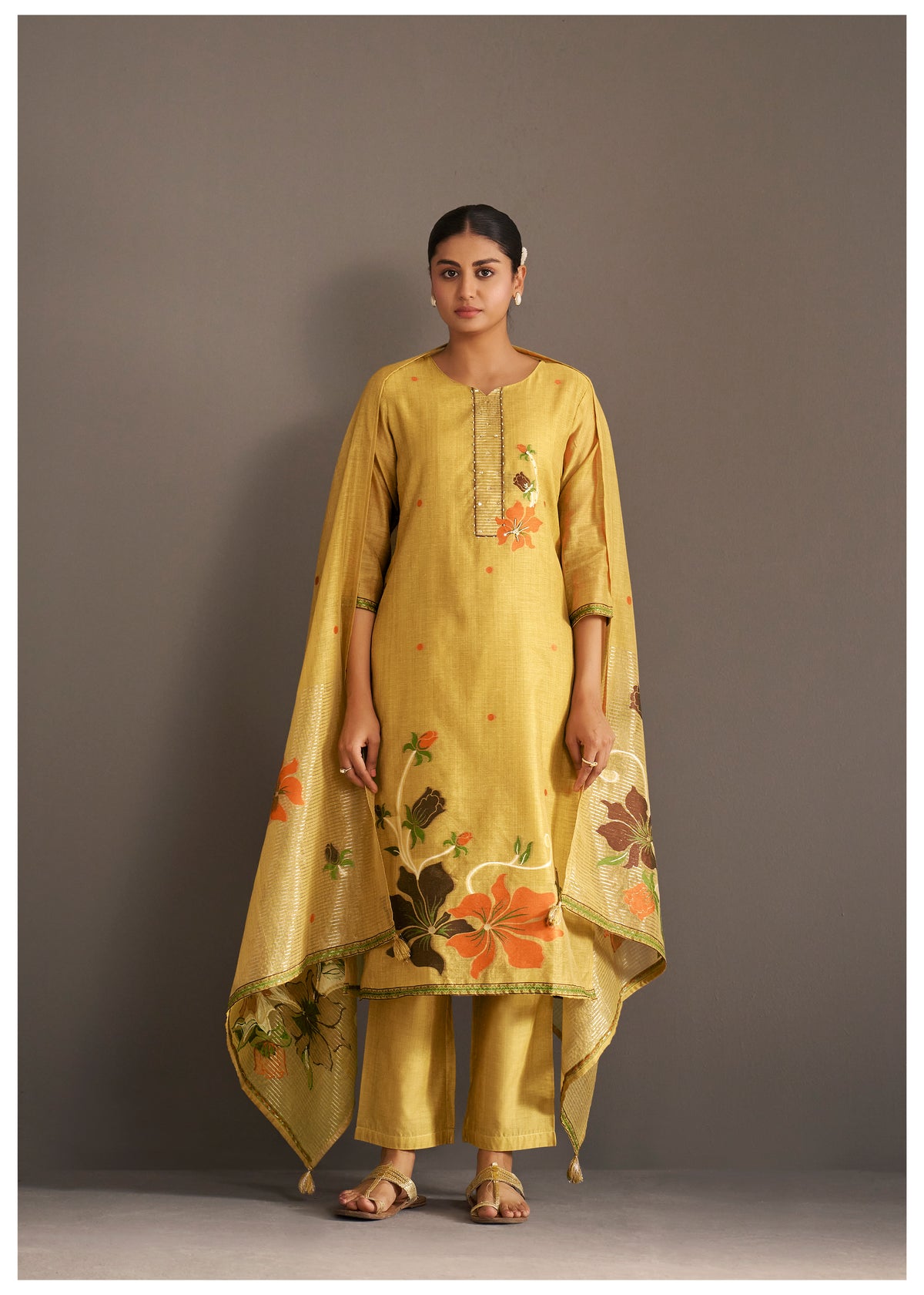 Chanderi Jacquard Kurti Set With Handwork | Cotton Bottom & Chanderi Jacquard Dupatta