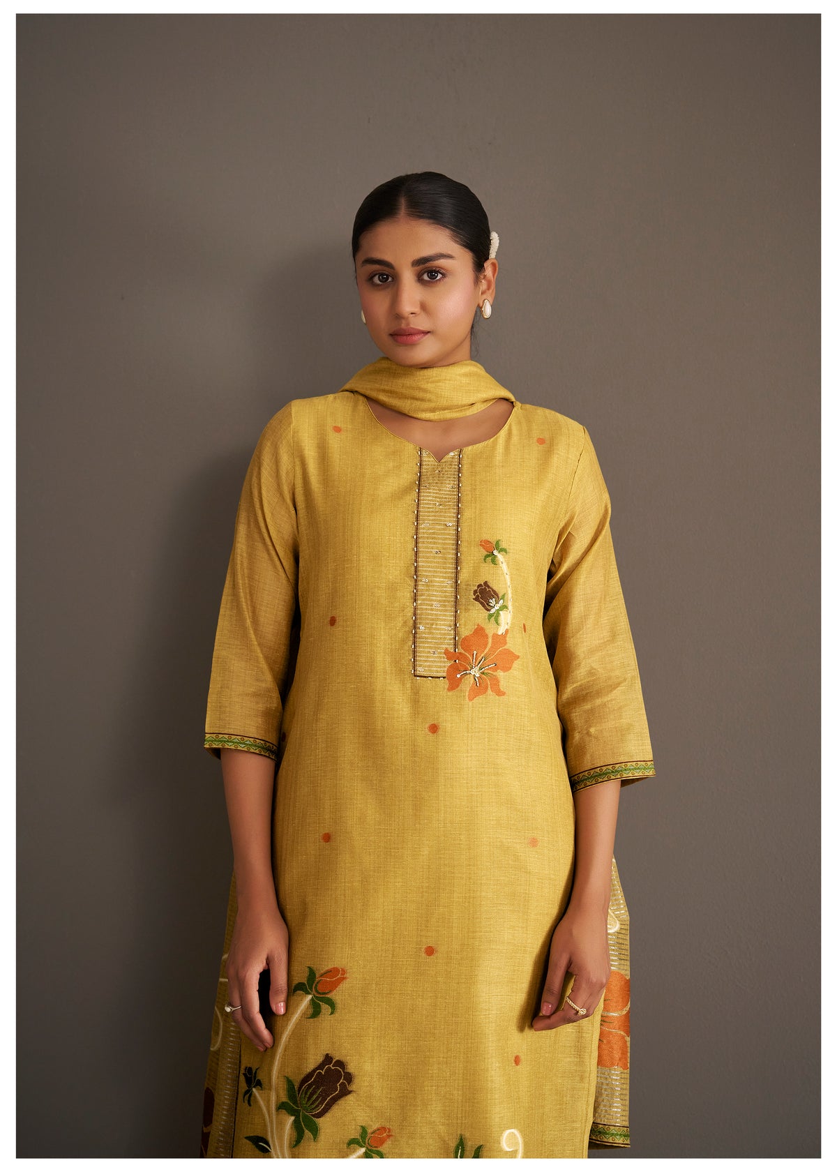 Chanderi Jacquard Kurti Set With Handwork | Cotton Bottom & Chanderi Jacquard Dupatta