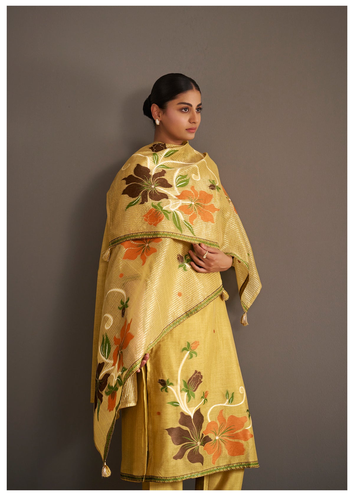 Chanderi Jacquard Kurti Set With Handwork | Cotton Bottom & Chanderi Jacquard Dupatta