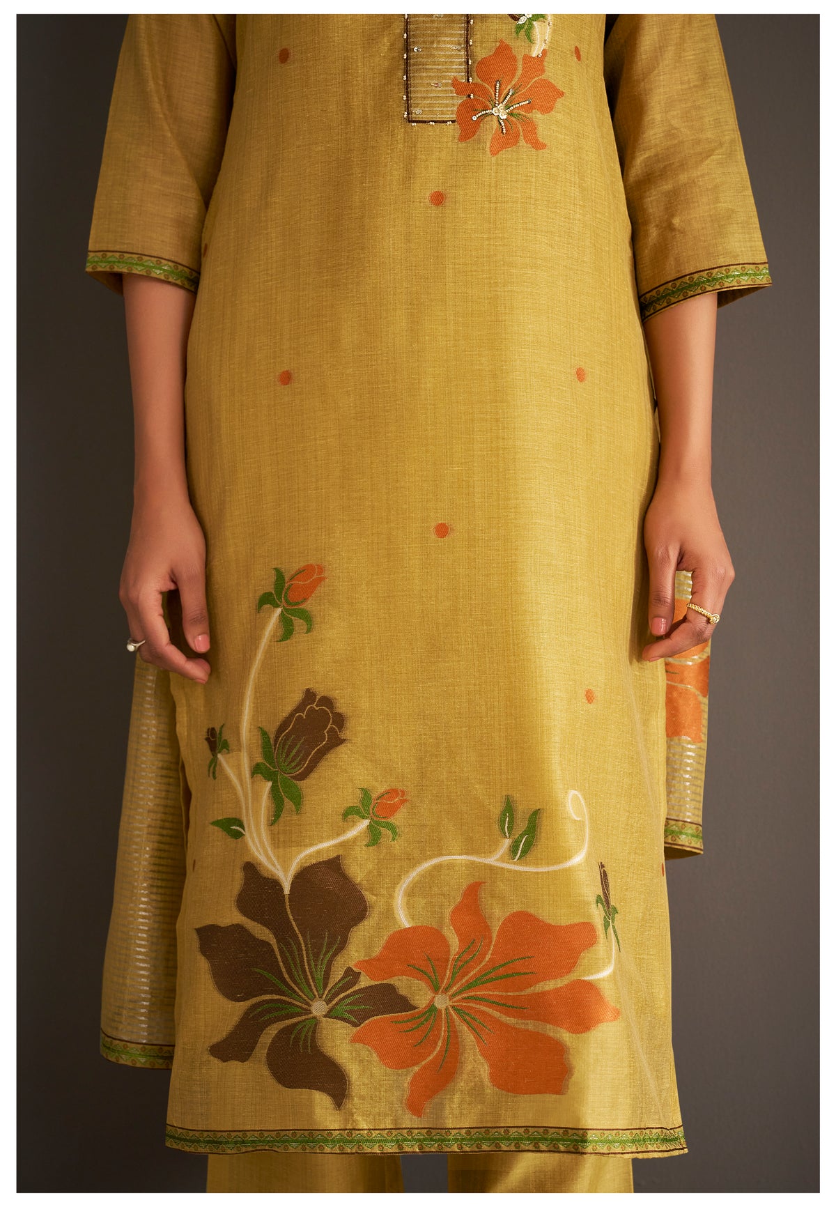 Chanderi Jacquard Kurti Set With Handwork | Cotton Bottom & Chanderi Jacquard Dupatta