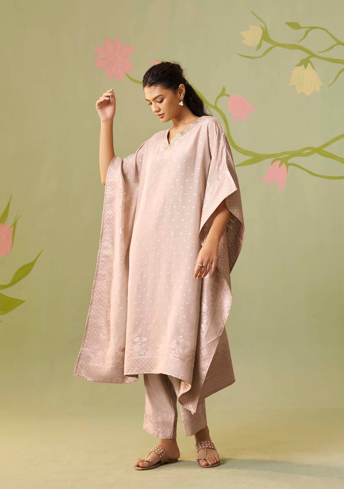 Gulabi Dola Silk Handwork Jacquard Kaftan