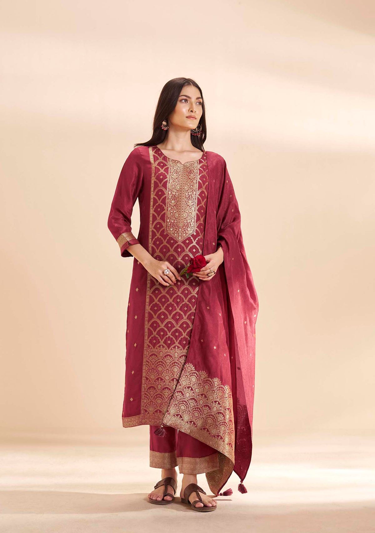 Garnet Dola Silk Jacquard Kurta Set