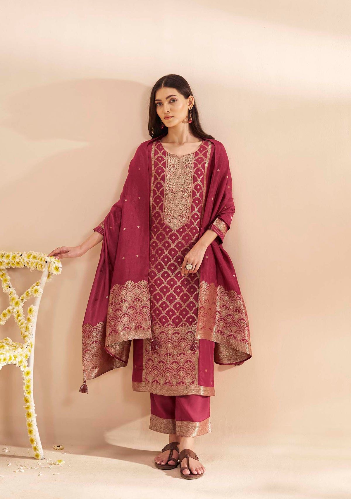 Garnet Dola Silk Jacquard Kurta Set