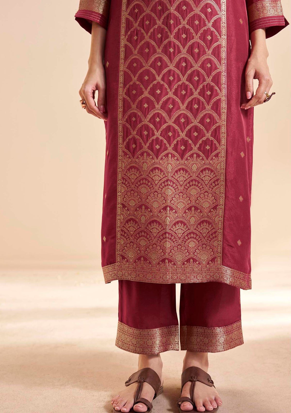 Garnet Dola Silk Jacquard Kurta Set