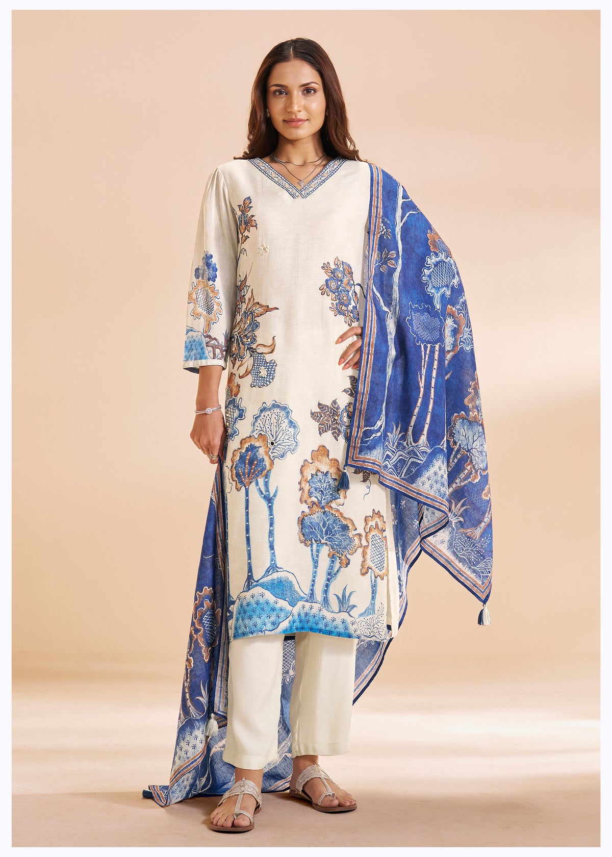 Chanderi Digital Print Kurti Set With Design Details | Viscose Bottom & Mal Dupatta