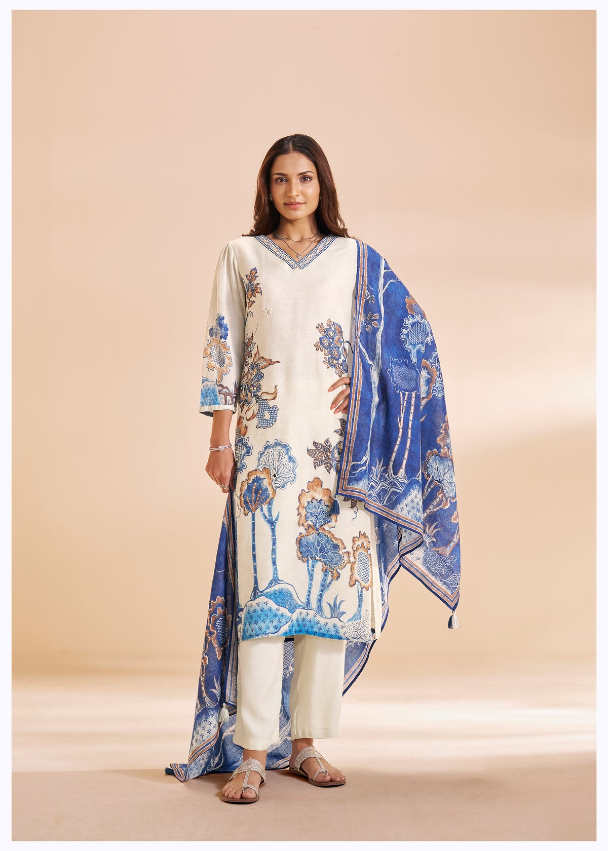 Chanderi Digital Print Kurti Set With Design Details | Viscose Bottom & Mal Dupatta