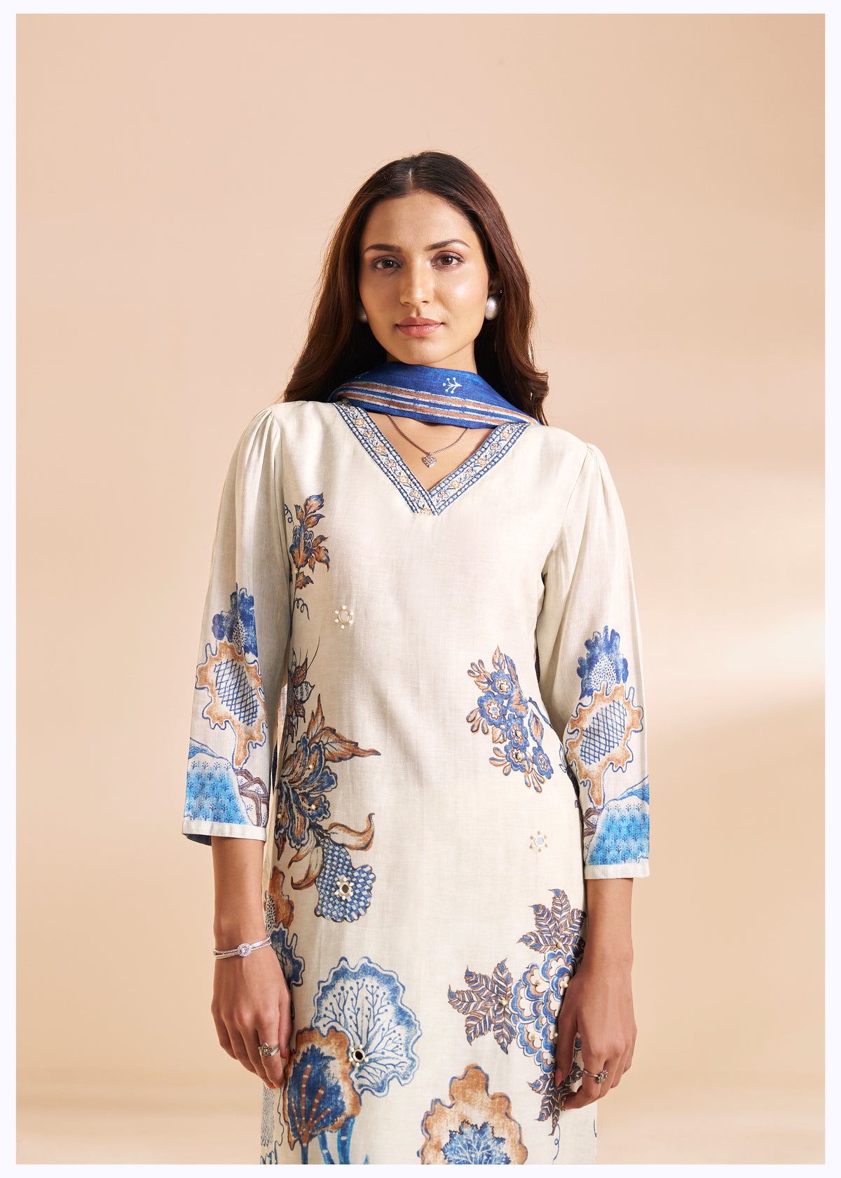 Chanderi Digital Print Kurti Set With Design Details | Viscose Bottom & Mal Dupatta