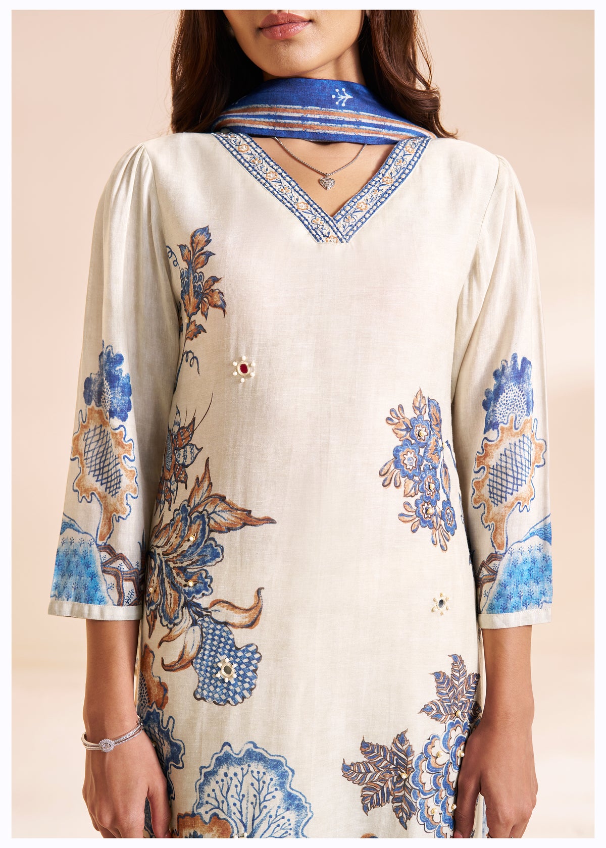 Chanderi Digital Print Kurti Set With Design Details | Viscose Bottom & Mal Dupatta