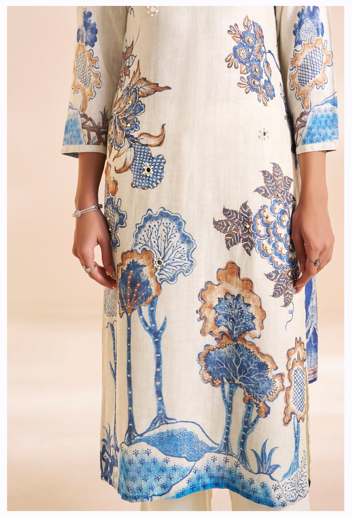 Chanderi Digital Print Kurti Set With Design Details | Viscose Bottom & Mal Dupatta