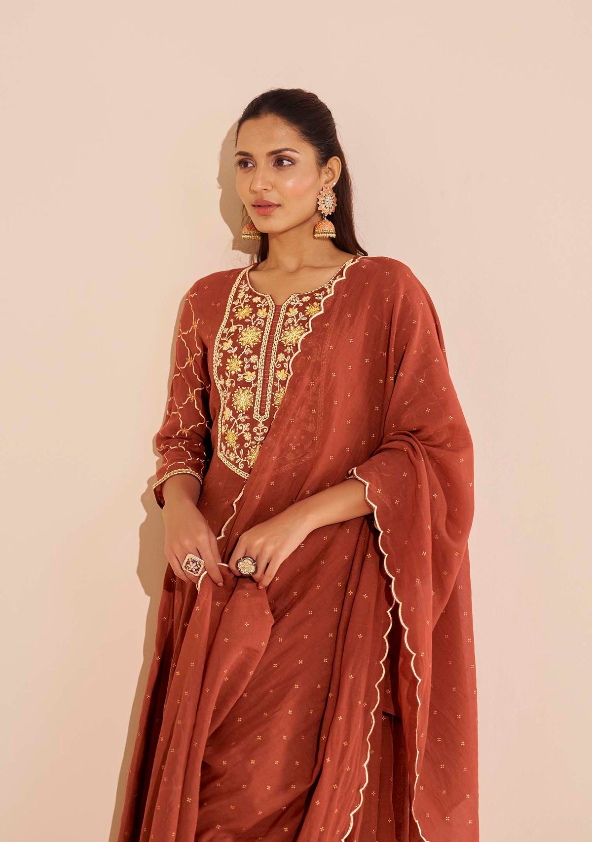 Gerua Pure Chanderi Table-Print Anarkali Set