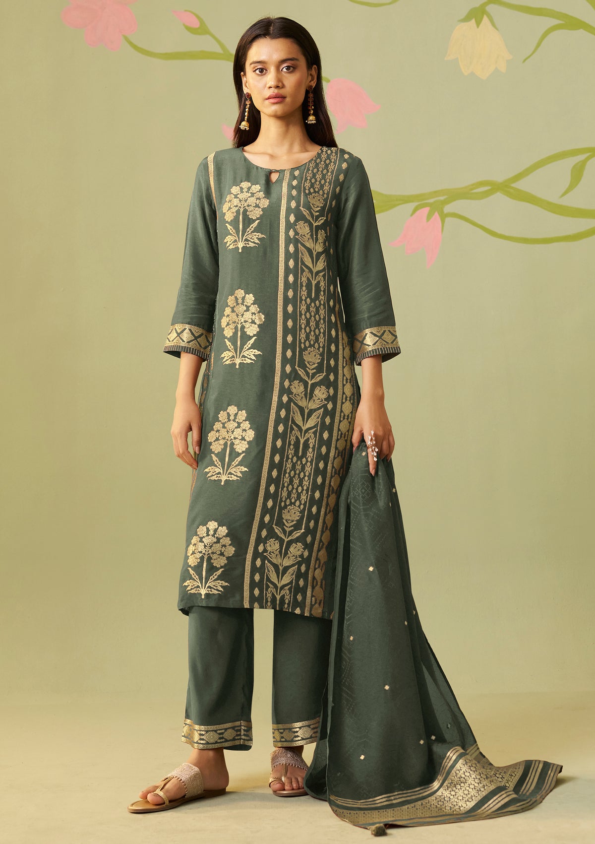 Dola Silk Jacquard Kurti Set | Teal Green 3-Piece with Palazzo & Dupatta