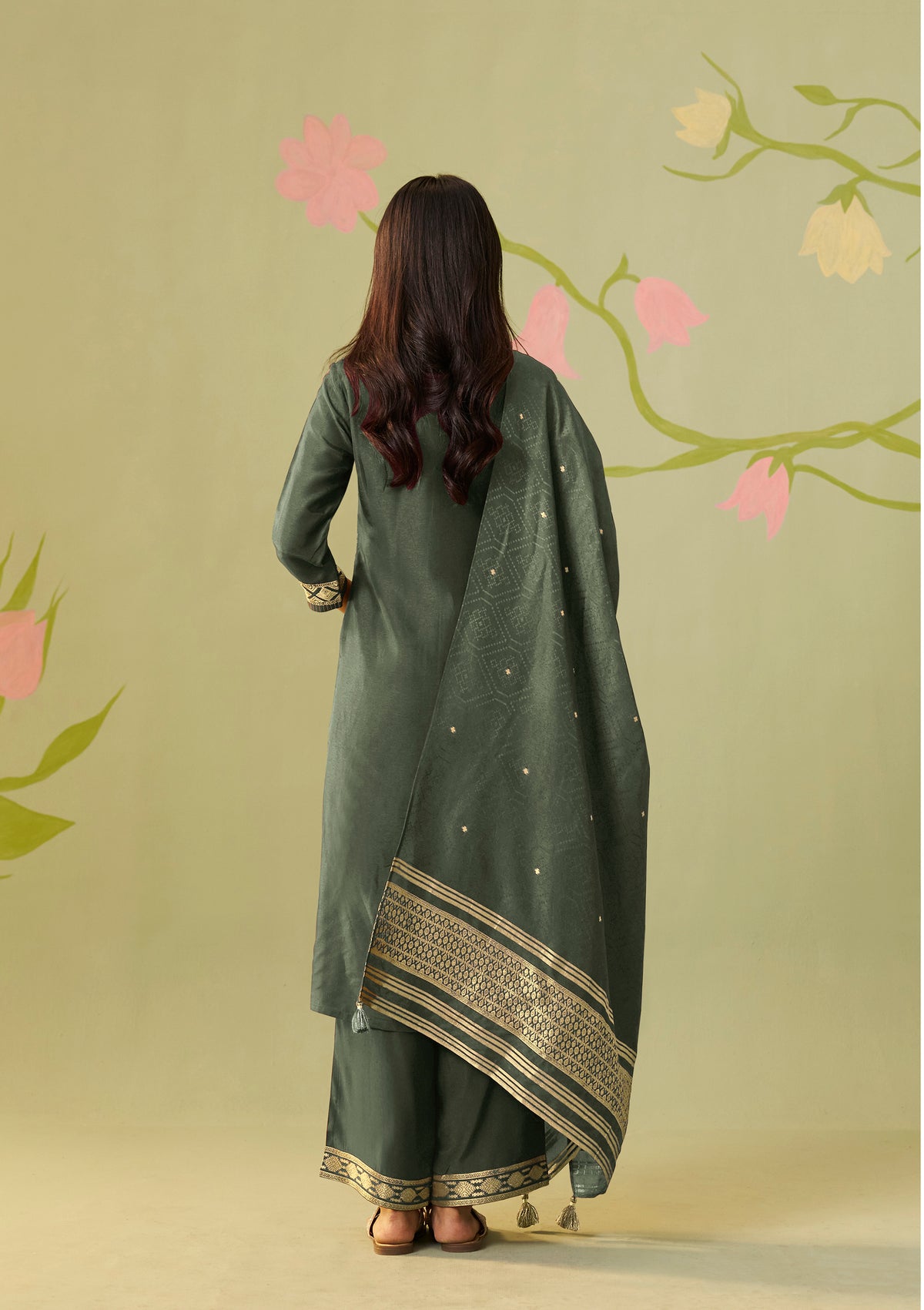 Dola Silk Jacquard Kurti Set | Teal Green 3-Piece with Palazzo & Dupatta