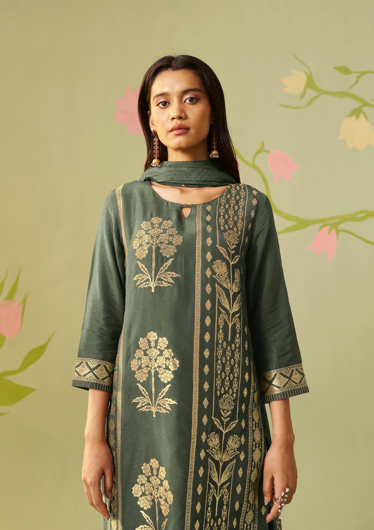 Dola Silk Jacquard Kurti Set | Teal Green 3-Piece with Palazzo & Dupatta