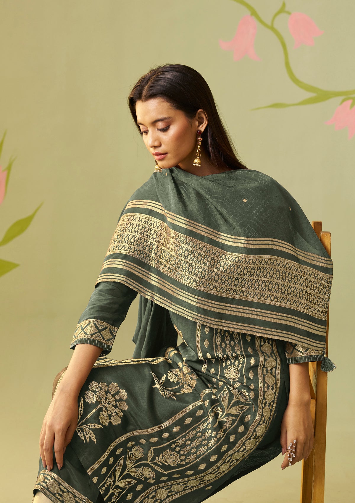 Dola Silk Jacquard Kurti Set | Teal Green 3-Piece with Palazzo & Dupatta