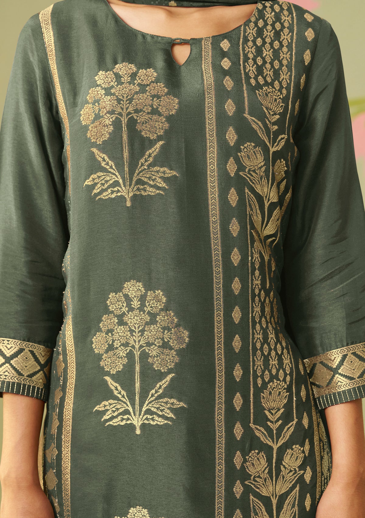 Dola Silk Jacquard Kurti Set | Teal Green 3-Piece with Palazzo & Dupatta