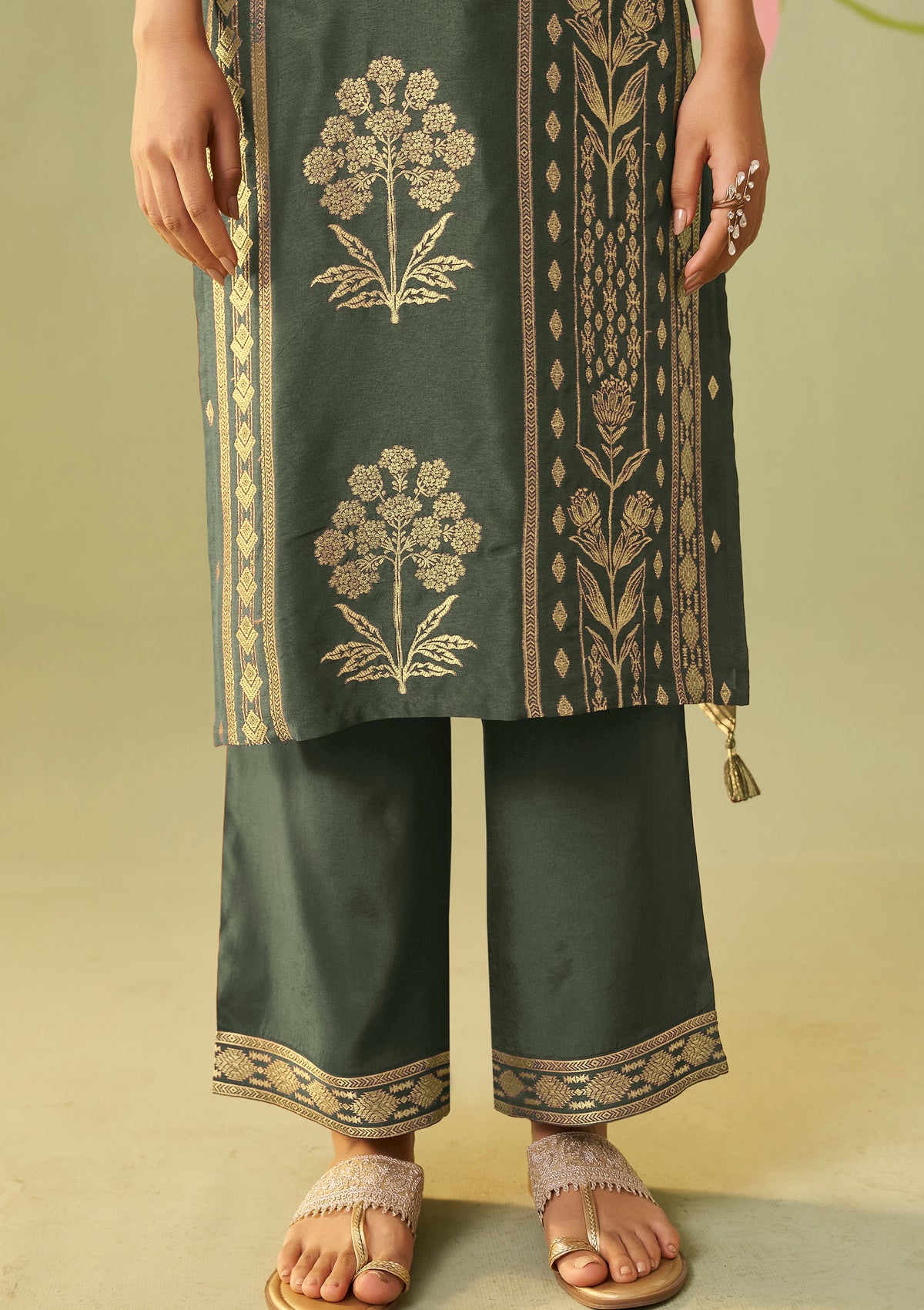 Dola Silk Jacquard Kurti Set | Teal Green 3-Piece with Palazzo & Dupatta