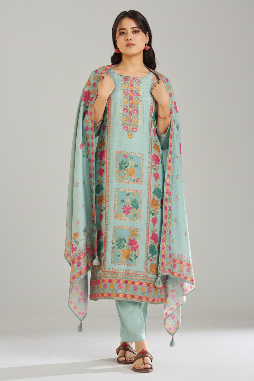 Aqua Teal Printed Kurta Set