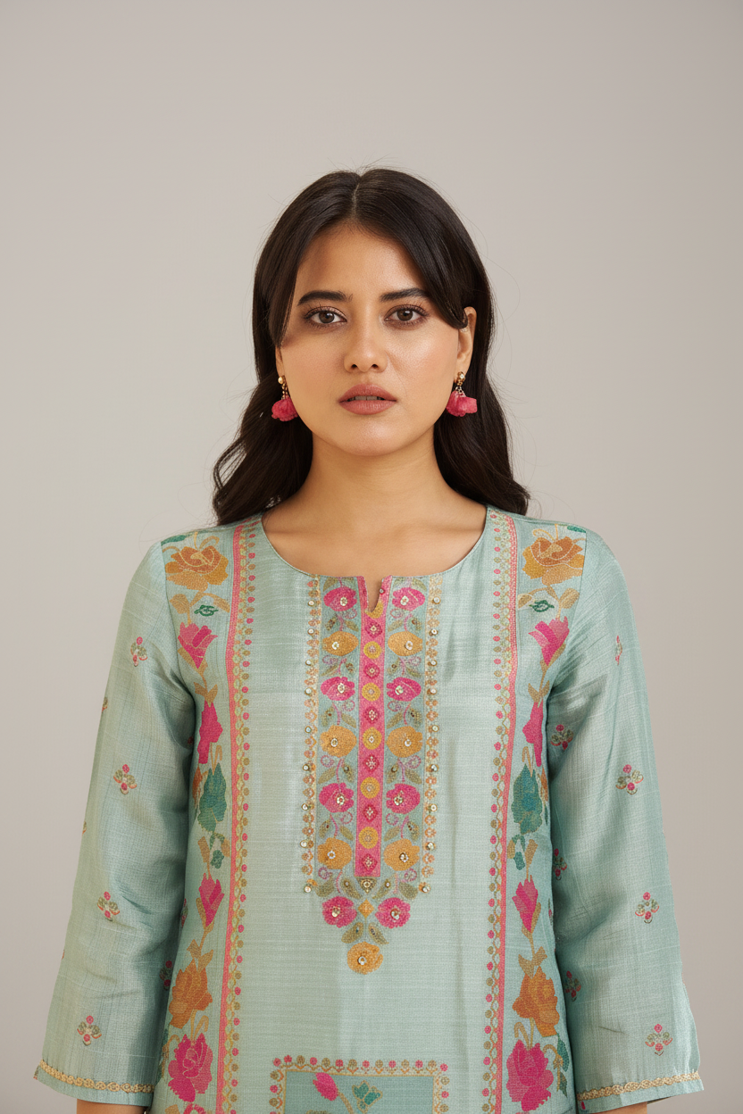 Aqua Teal Printed Kurta Set