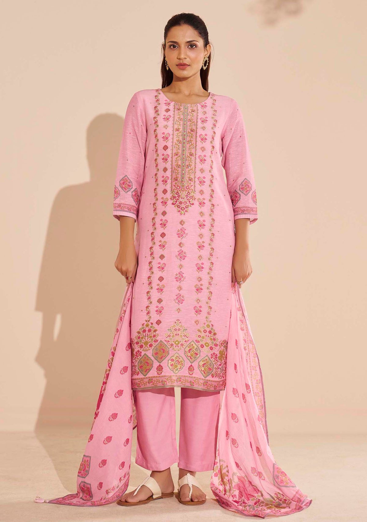 Pankhuri Pink Viscose-Linen Position-Print Kurta Set