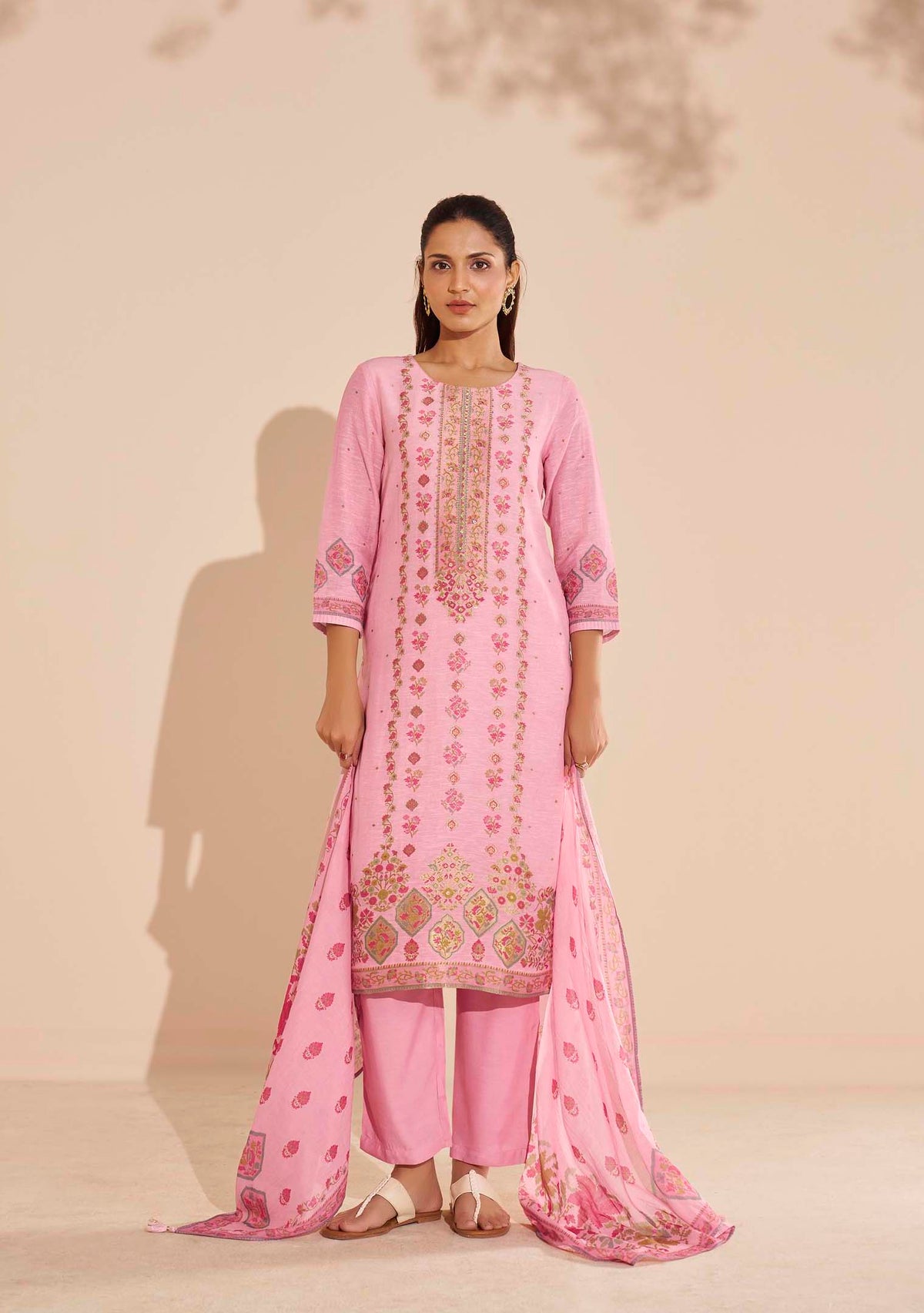 Pankhuri Pink Viscose-Linen Position-Print Kurta Set