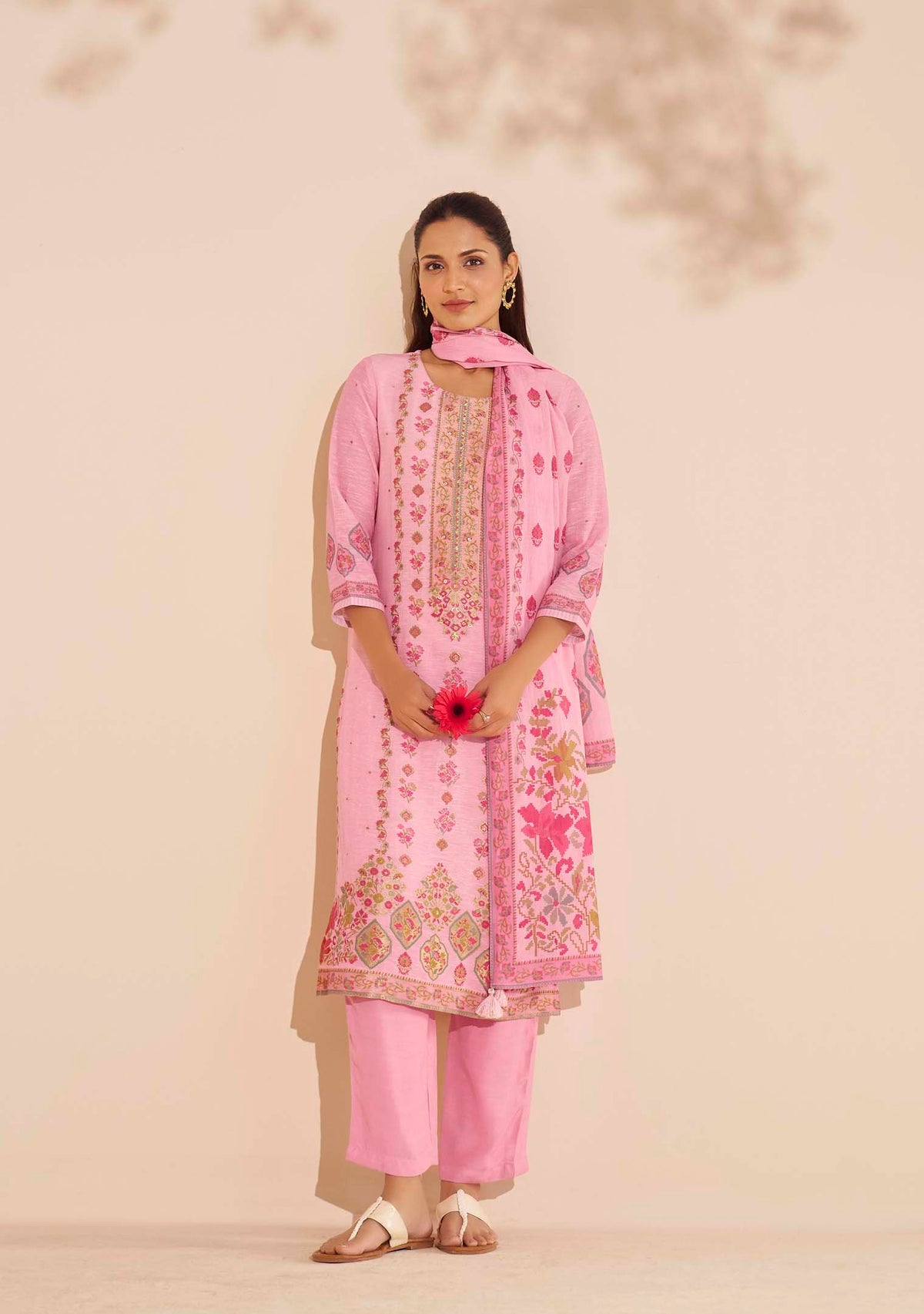 Pankhuri Pink Viscose-Linen Position-Print Kurta Set